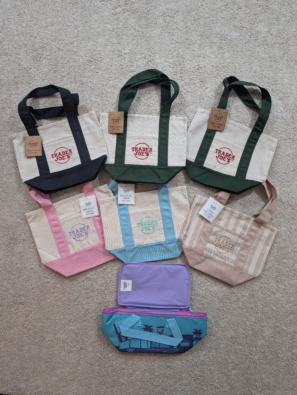 Lot Of 7 Trader Joe's Mini Canvas Tote Bags And A Insulated Bag NEW!!!